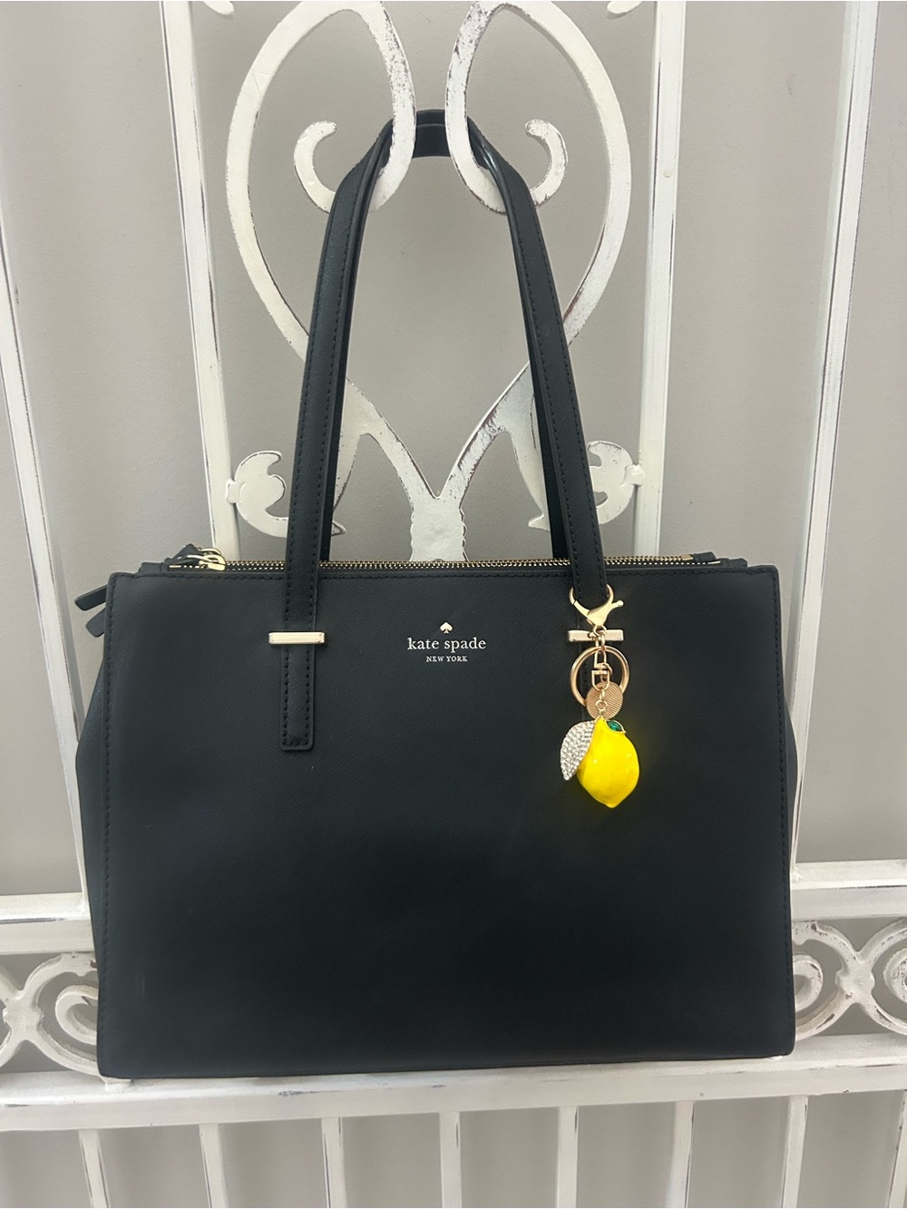 Kate Spade Cameron Street Jenson Black Saffiano Leather Tote & Lemon Charm